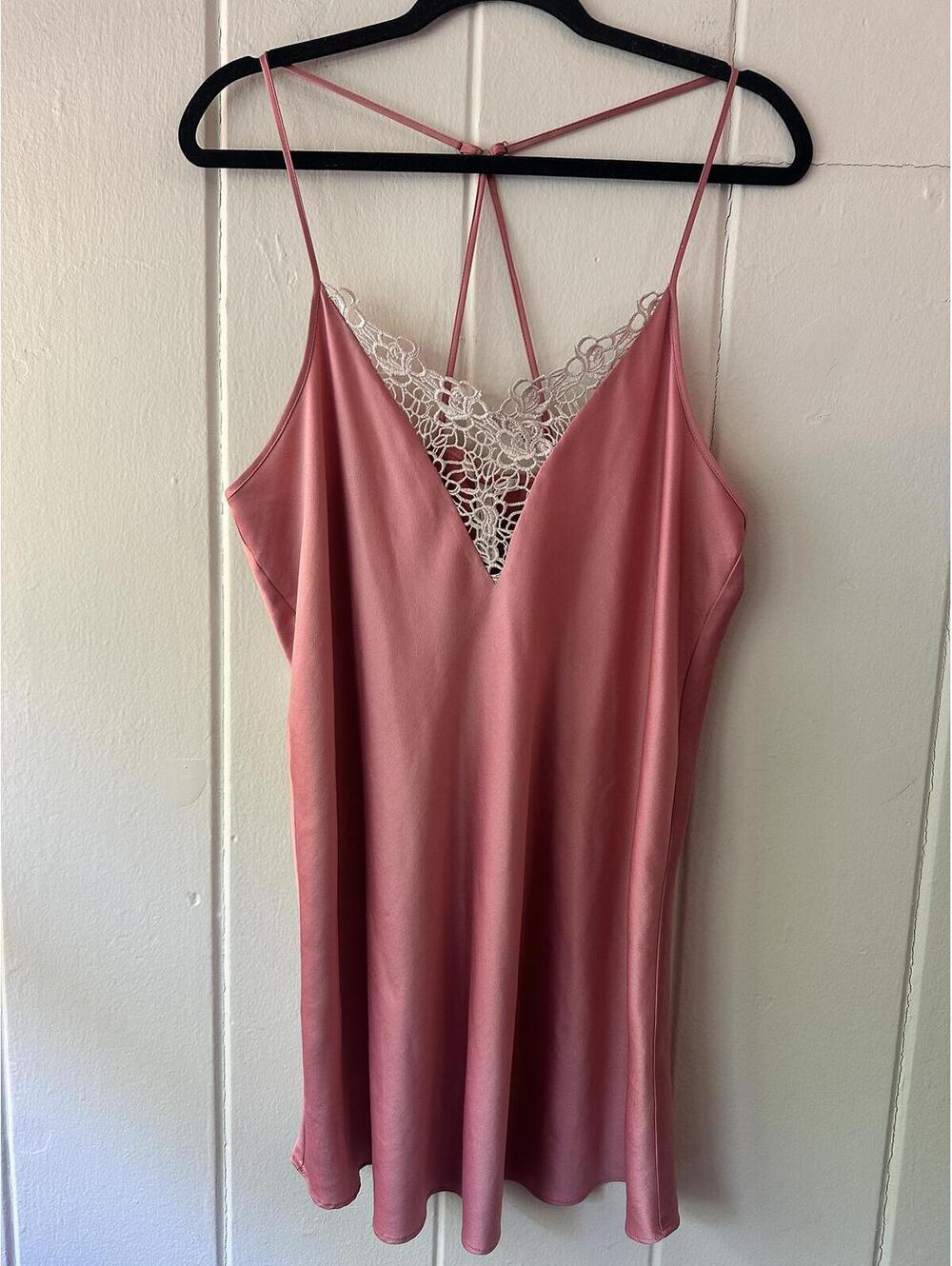 Flora Nikrooz Satin Chemise Pink Dusty Rose with Crochet Trim Detail Size Large